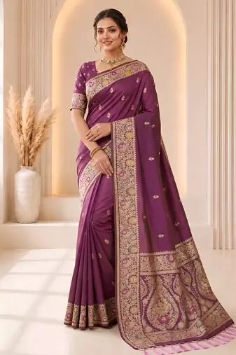 Onion color banarasi silk fabric woven jacquard designer partywear saree