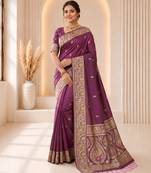 Onion color banarasi silk fabric woven jacquard designer partywear saree