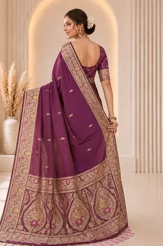 Onion color banarasi silk fabric woven jacquard designer partywear saree