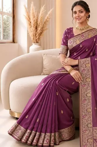 Onion color banarasi silk fabric woven jacquard designer partywear saree