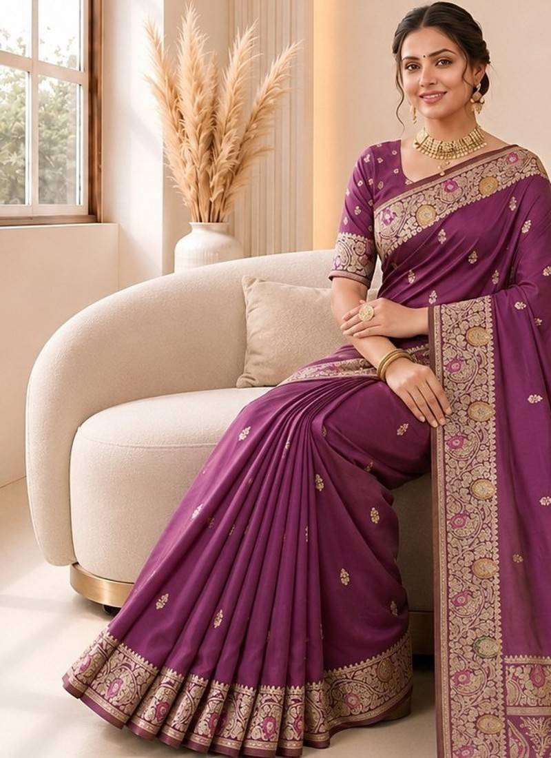 Onion color banarasi silk fabric woven jacquard designer partywear saree