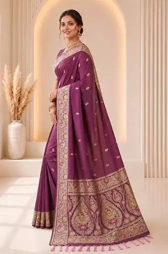 Onion color banarasi silk fabric woven jacquard designer partywear saree