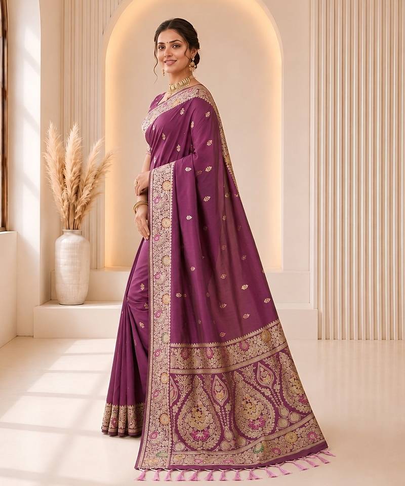 Onion color banarasi silk fabric woven jacquard designer partywear saree