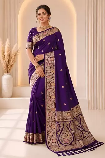 Purple color banarasi silk fabric woven jacquard designer partywear saree