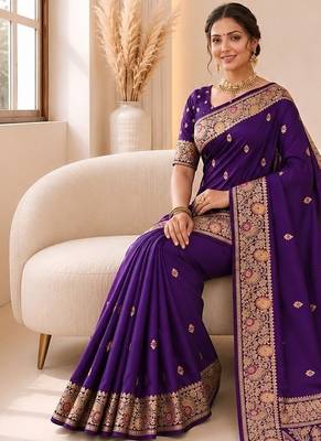Purple color banarasi silk fabric woven jacquard designer partywear saree 3
