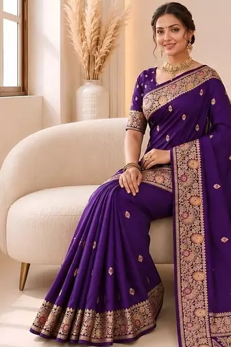 Purple color banarasi silk fabric woven jacquard designer partywear saree