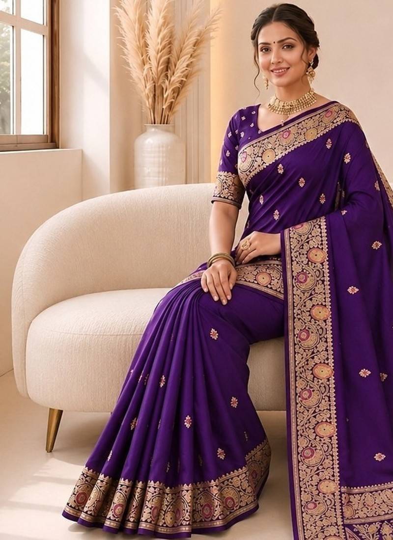 Purple color banarasi silk fabric woven jacquard designer partywear saree