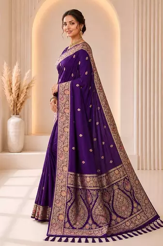 Purple color banarasi silk fabric woven jacquard designer partywear saree