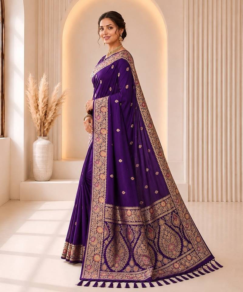 Purple color banarasi silk fabric woven jacquard designer partywear saree