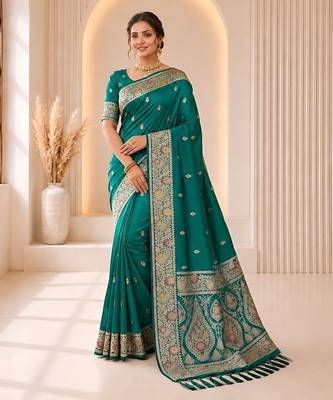 Rama color banarasi silk fabric woven jacquard designer partywear saree 1