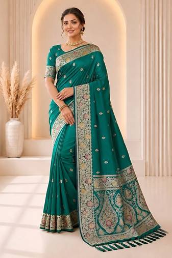 rama color banarasi silk blend fabric woven jacquard designer partywear saree