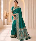 Rama color banarasi silk fabric woven jacquard designer partywear saree