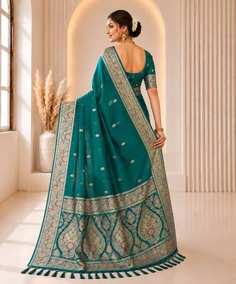 Rama color banarasi silk fabric woven jacquard designer partywear saree 2
