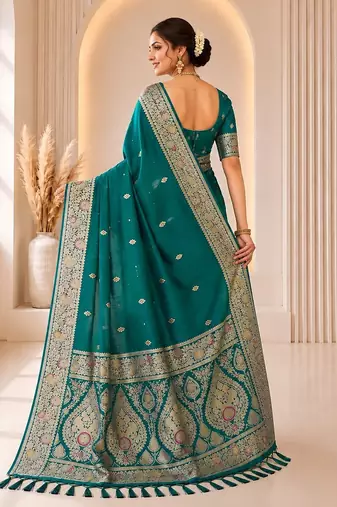 Rama color banarasi silk fabric woven jacquard designer partywear saree