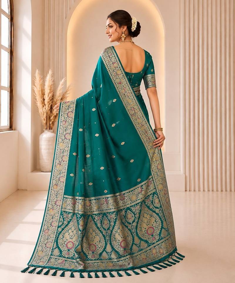 Rama color banarasi silk fabric woven jacquard designer partywear saree