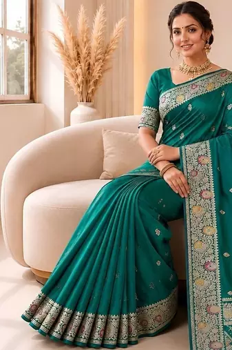 Rama color banarasi silk fabric woven jacquard designer partywear saree