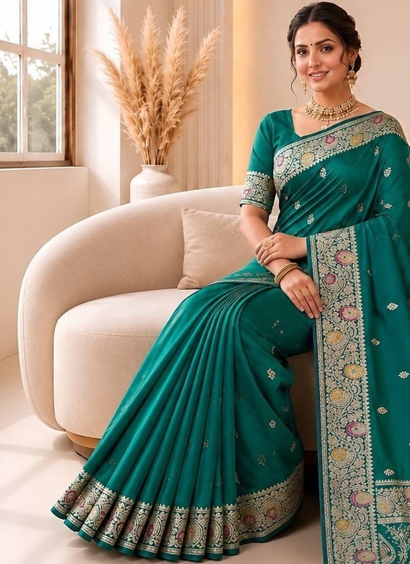 Rama color banarasi silk fabric woven jacquard designer partywear saree