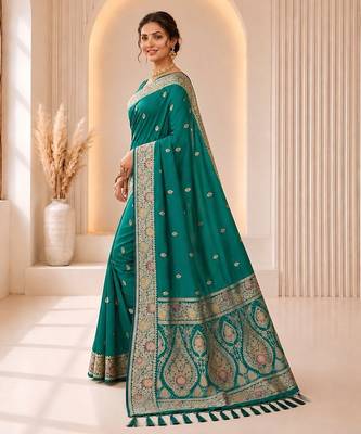 Rama color banarasi silk fabric woven jacquard designer partywear saree 4