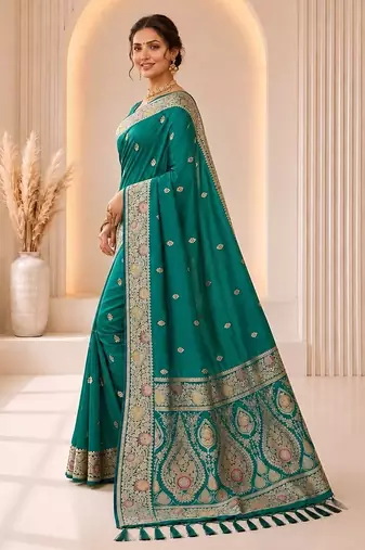Rama color banarasi silk fabric woven jacquard designer partywear saree