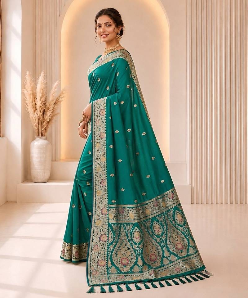 Rama color banarasi silk fabric woven jacquard designer partywear saree