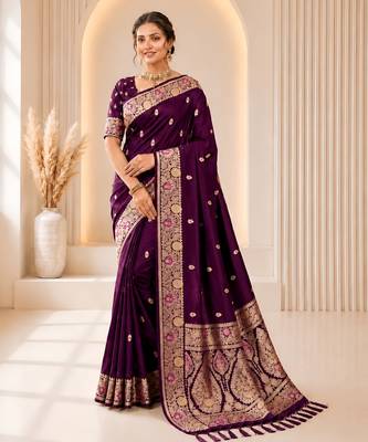 Wine color banarasi silk fabric woven jacquard designer partywear saree 1