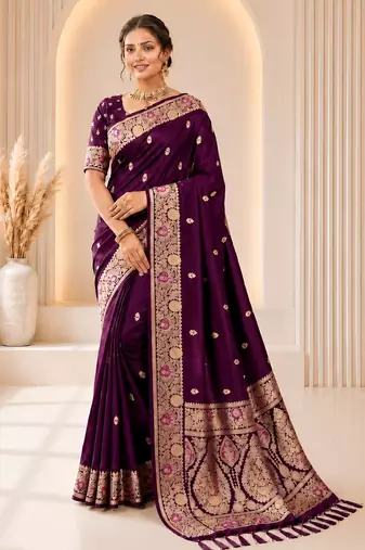 Wine color banarasi silk fabric woven jacquard designer partywear saree