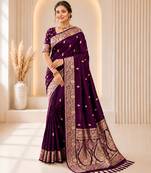 Wine color banarasi silk fabric woven jacquard designer partywear saree