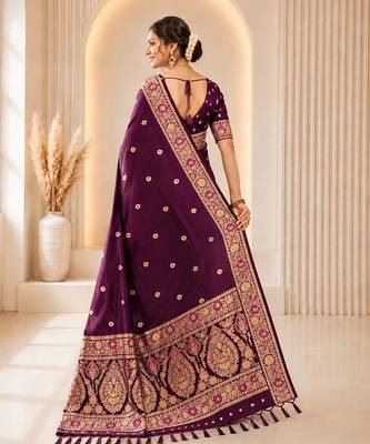Wine color banarasi silk fabric woven jacquard designer partywear saree 2