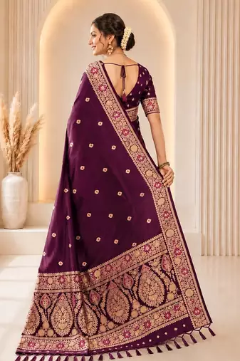 Wine color banarasi silk fabric woven jacquard designer partywear saree