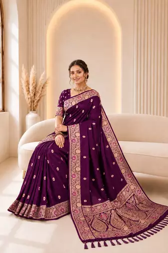 Wine color banarasi silk fabric woven jacquard designer partywear saree