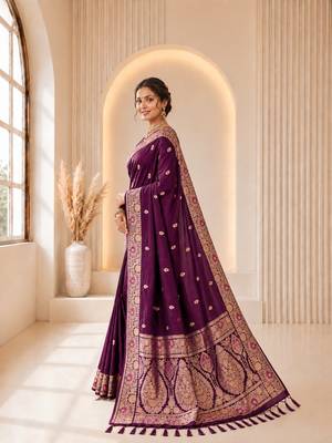 Wine color banarasi silk fabric woven jacquard designer partywear saree 4