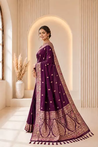 Wine color banarasi silk fabric woven jacquard designer partywear saree
