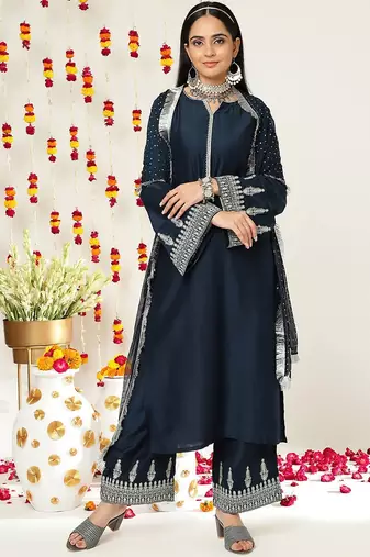 Ethnic Motifs Zari Embroidered Regular Kurta With Trousers & With Dupatta