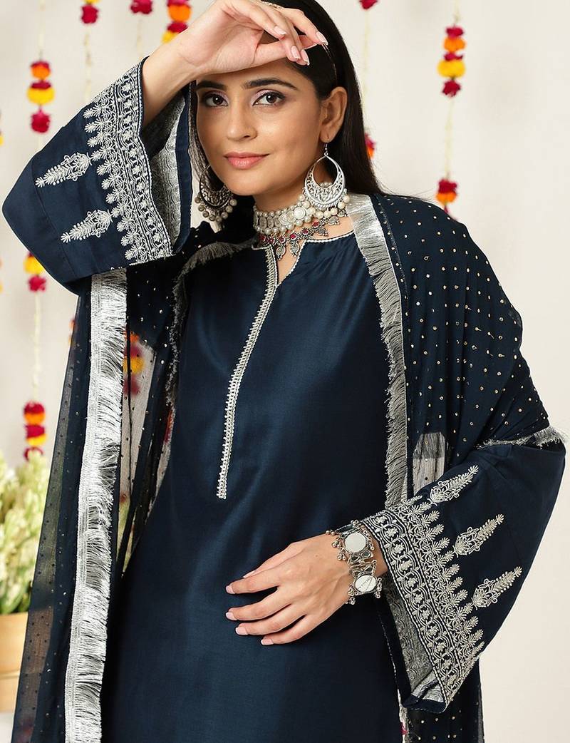 Ethnic Motifs Zari Embroidered Regular Kurta With Trousers & With Dupatta