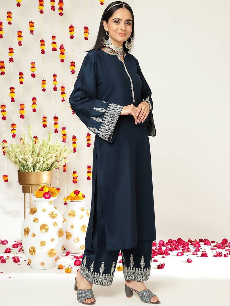 Ethnic Motifs Zari Embroidered Regular Kurta With Trousers & With Dupatta