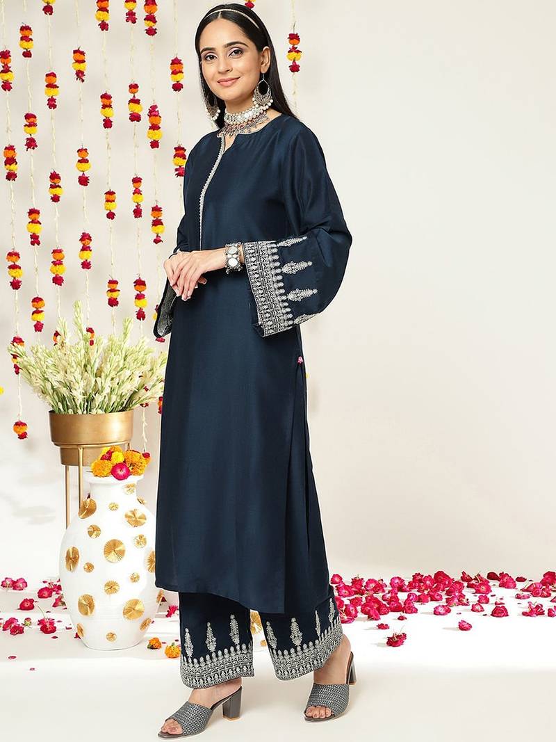 Ethnic Motifs Zari Embroidered Regular Kurta With Trousers & With Dupatta