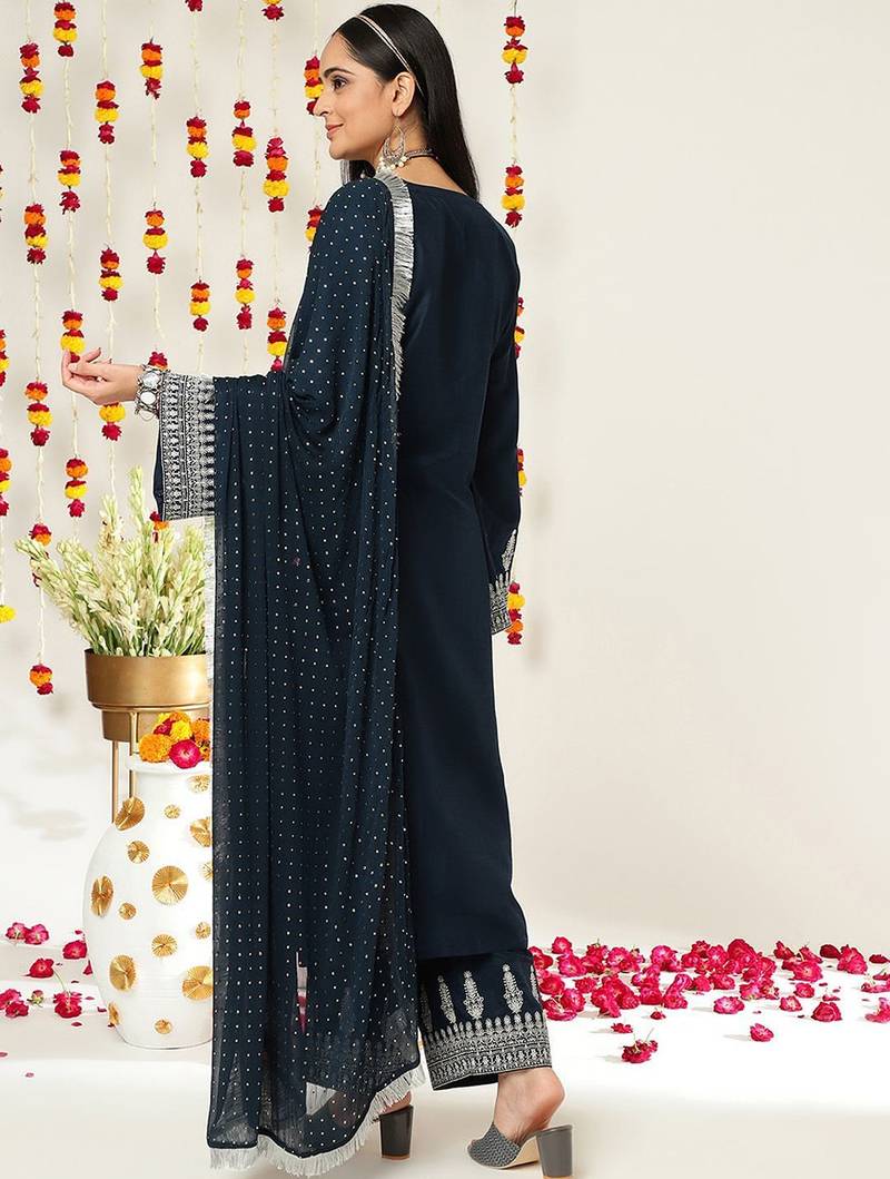 Ethnic Motifs Zari Embroidered Regular Kurta With Trousers & With Dupatta