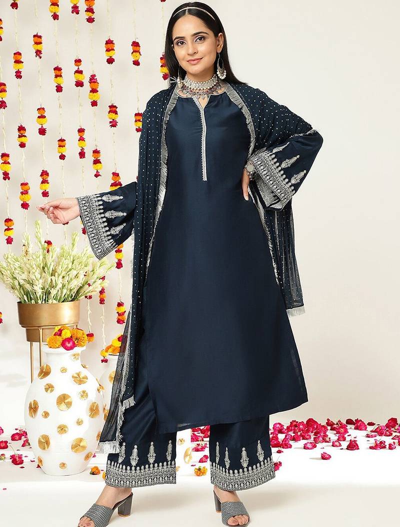 Ethnic Motifs Zari Embroidered Regular Kurta With Trousers & With Dupatta