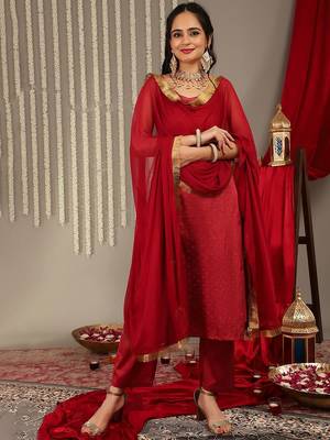 Woven Design Shoulder Straps Zari Detail Straight Kurta & Trousers With Dupatta 1