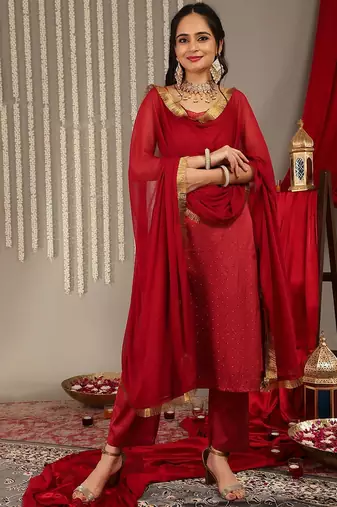 Woven Design Shoulder Straps Zari Detail Straight Kurta & Trousers With Dupatta