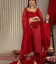 Woven Design Shoulder Straps Zari Detail Straight Kurta & Trousers With Dupatta