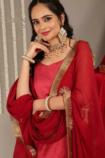 Woven Design Shoulder Straps Zari Detail Straight Kurta & Trousers With Dupatta