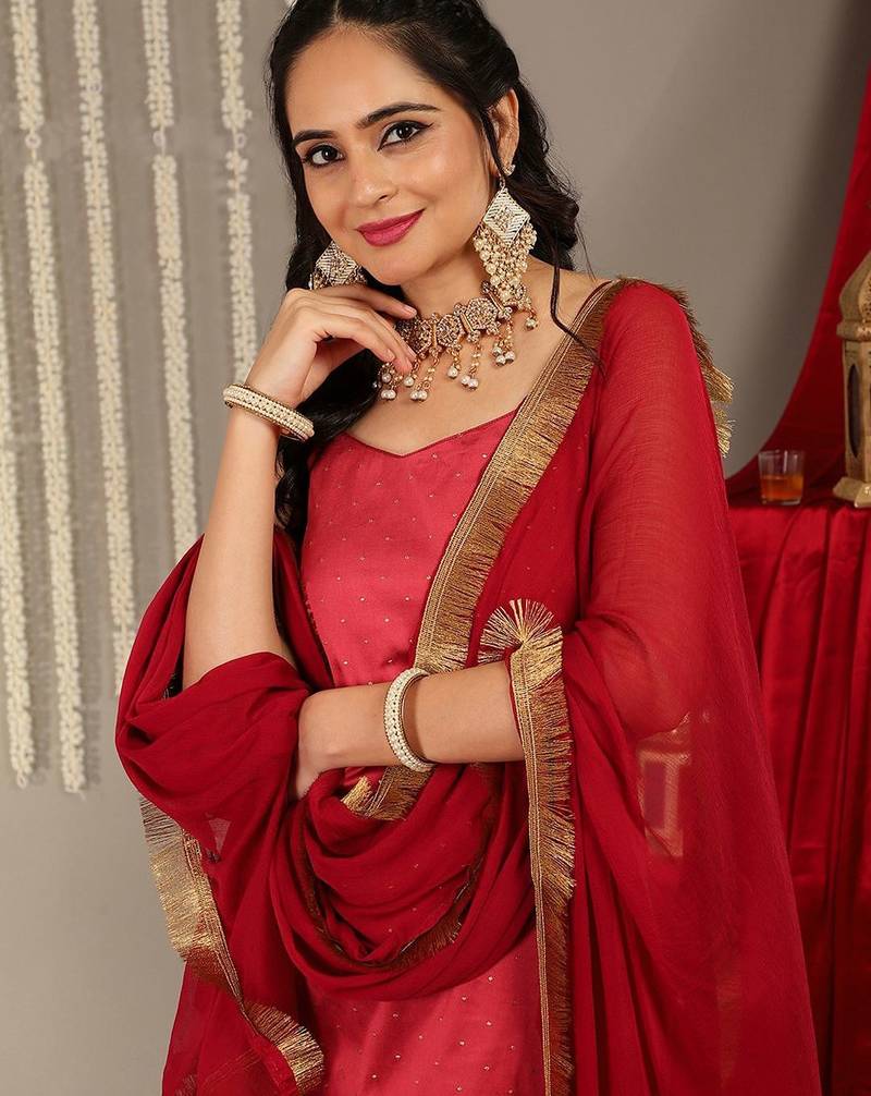 Woven Design Shoulder Straps Zari Detail Straight Kurta & Trousers With Dupatta
