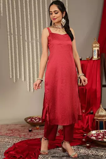 Woven Design Shoulder Straps Zari Detail Straight Kurta & Trousers With Dupatta