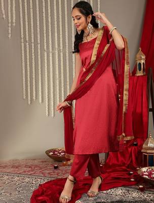 Woven Design Shoulder Straps Zari Detail Straight Kurta & Trousers With Dupatta 7