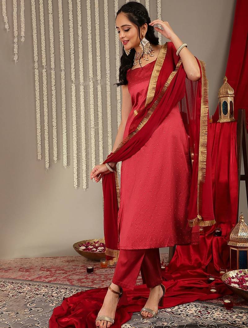 Woven Design Shoulder Straps Zari Detail Straight Kurta & Trousers With Dupatta