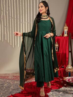 Woven Design Shoulder Straps Zari Detail Anarkali Kurta & Trousers With Dupatta 1
