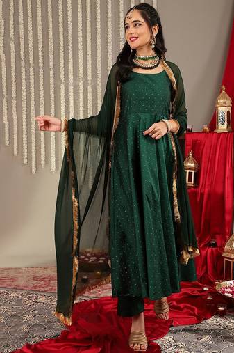 Woven Design Shoulder Straps Zari Detail Anarkali Kurta & Trousers With Dupatta
