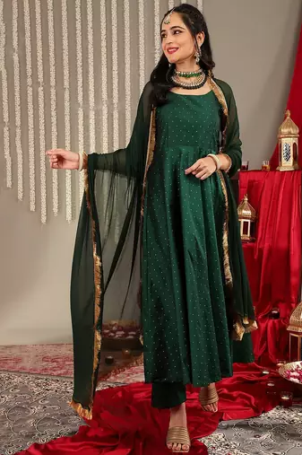 Woven Design Shoulder Straps Zari Detail Anarkali Kurta & Trousers With Dupatta