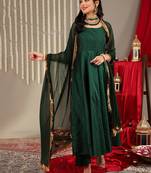 Woven Design Shoulder Straps Zari Detail Anarkali Kurta & Trousers With Dupatta